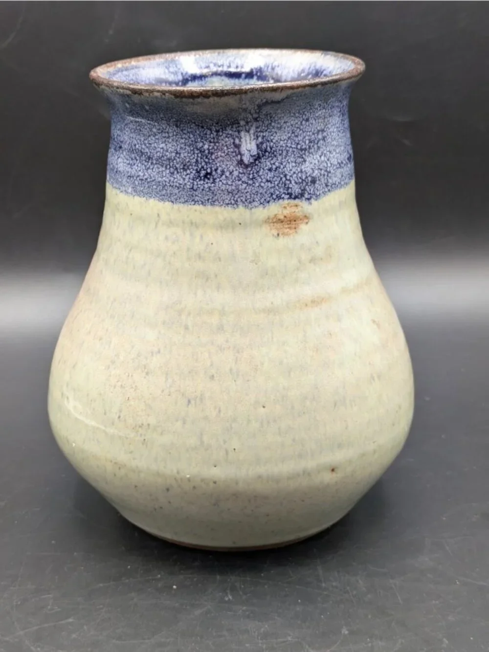 Studio Art Pottery Vase Wide Bottom Blue Glaze Stripe Artist Signed 6.25